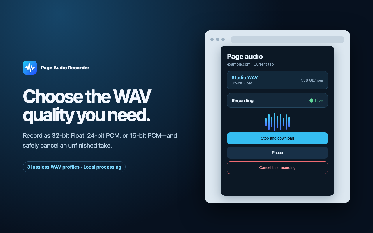 Page Audio Recorder popup showing WAV quality and recording controls.